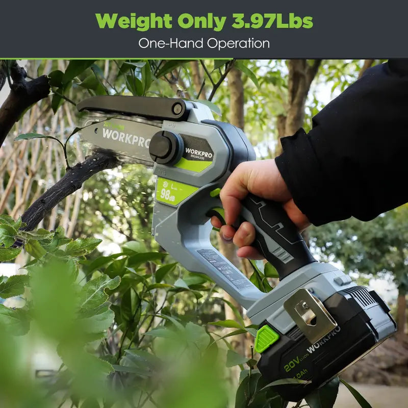 WORKPRO 20V Brushless Cordless Compact Chainsaw Includes 4.0Ah Battery & Replacement Chain