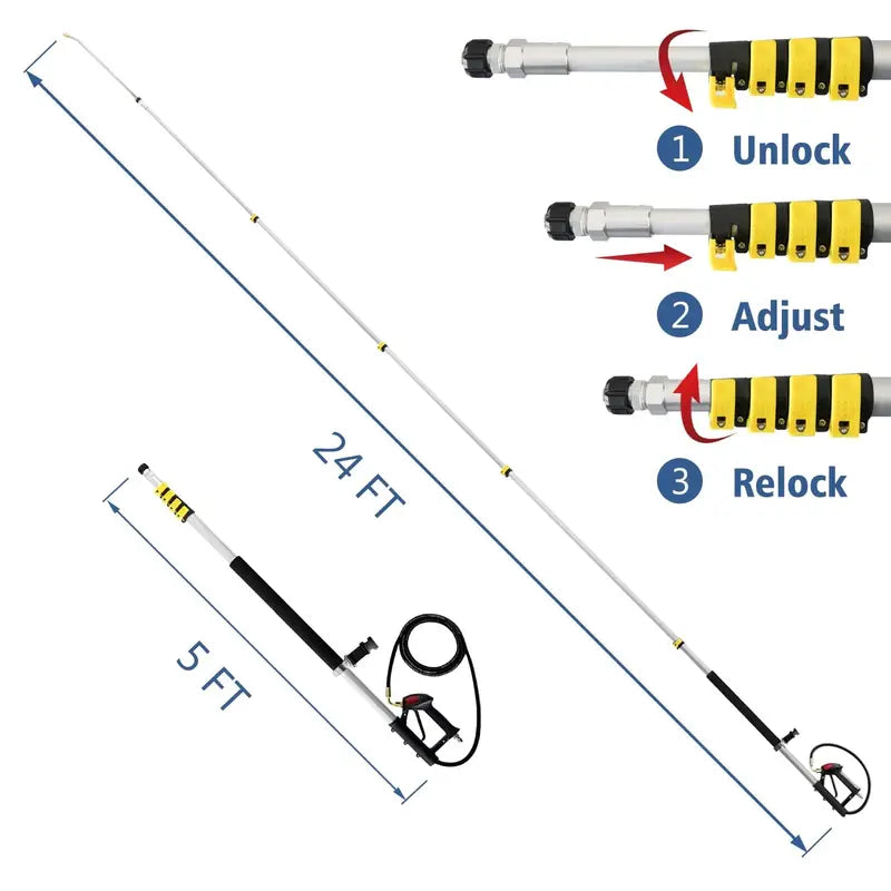 JANZ TW-004 24FT Telescoping Pressure Washer Wand, Adjustable Aluminum Extension with 7 Nozzles & Brush, 4000 PSI Compatible
