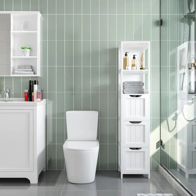 Yaheetech Freestanding Bathroom Floor Cabinet Two-Drawer White Wooden Organizer with Side Rack & Shelf