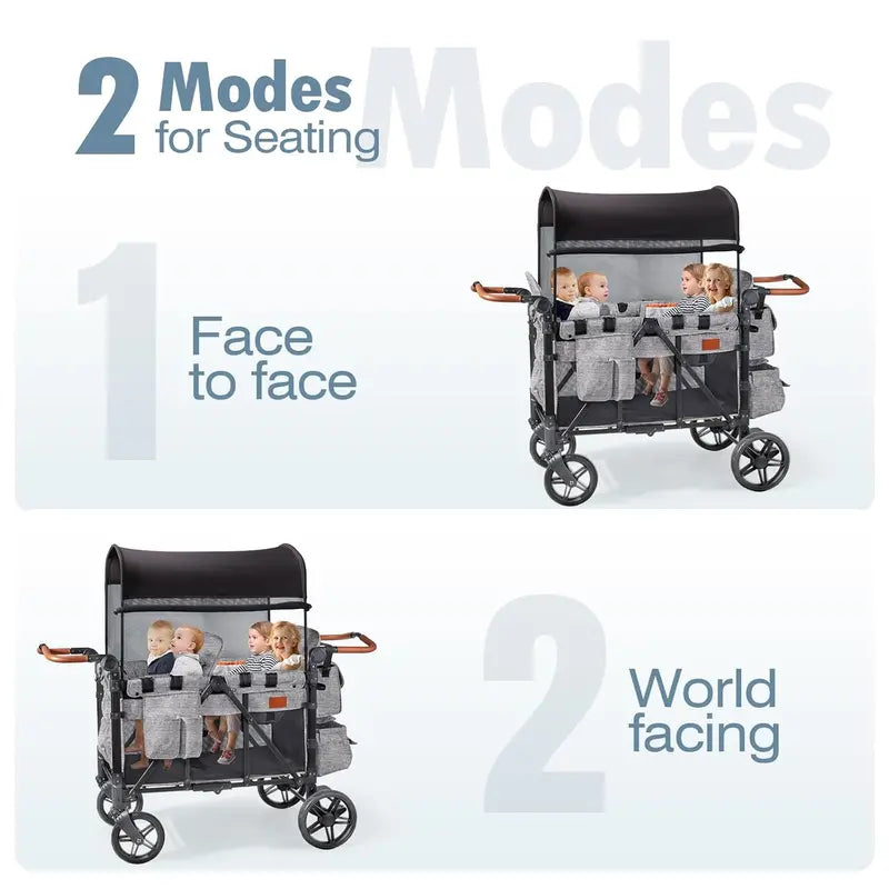 All-Terrain 4-Child Wagon Stroller — Quad-Seater with Canopy, 5-Point Harness, Parent Organizer & Adjustable Handle