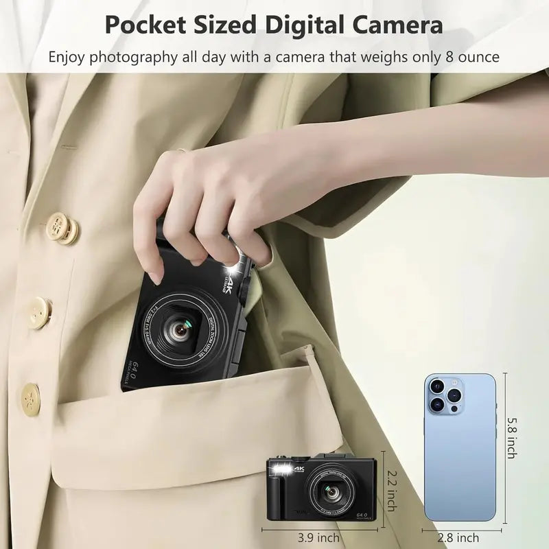 4K Vlogging Camera 64MP Digital Point-and-Shoot with 180° Flip Screen, 18x Zoom & 32GB SD Card