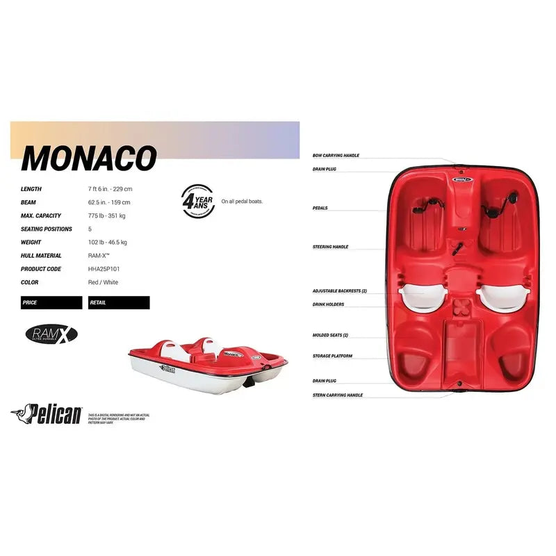Pelican Monaco 5-Seat Pedal Boat Adjustable Seating, Red & White Design