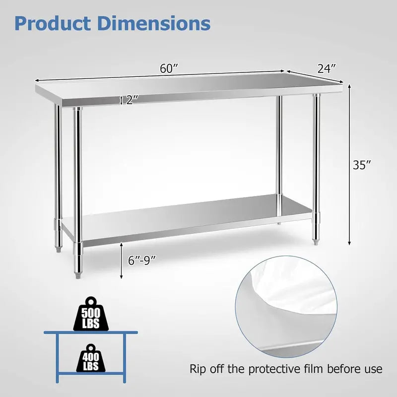 60-Inch Stainless Steel Rolling Kitchen Prep Table with Height-Adjustable Under-Shelf