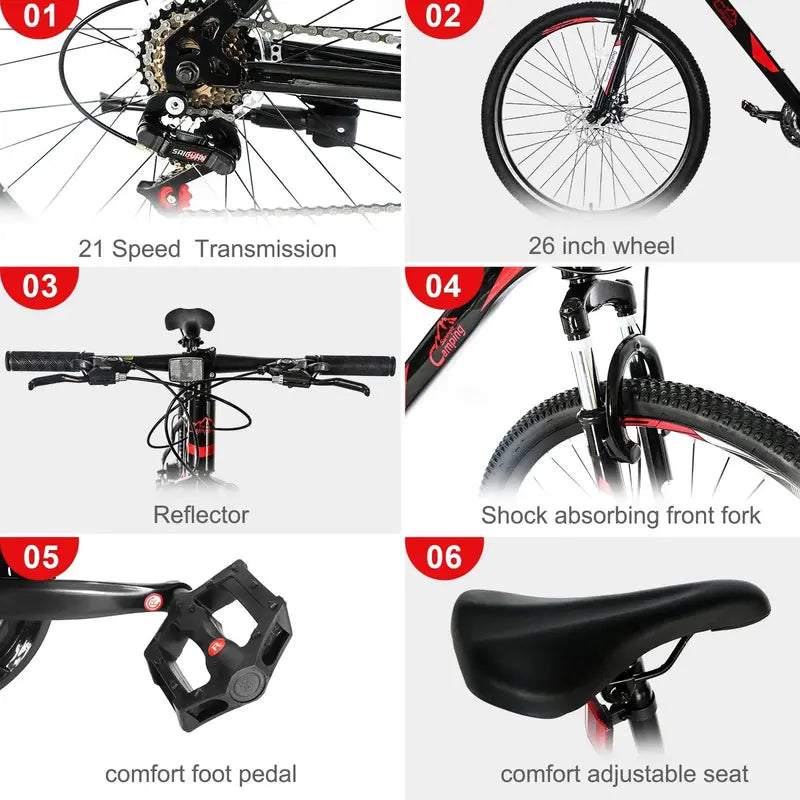 CamPingSurvivals 26″ Lightweight 21-Speed Mountain Bike Unisex Fitness & Commuting Design (Red/Black)