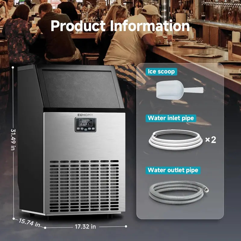 EUHOMY Commercial Stainless Steel Ice Maker — 100 lbs/24H Production, 33 lbs Built-In Storage, Freestanding Undercounter Design