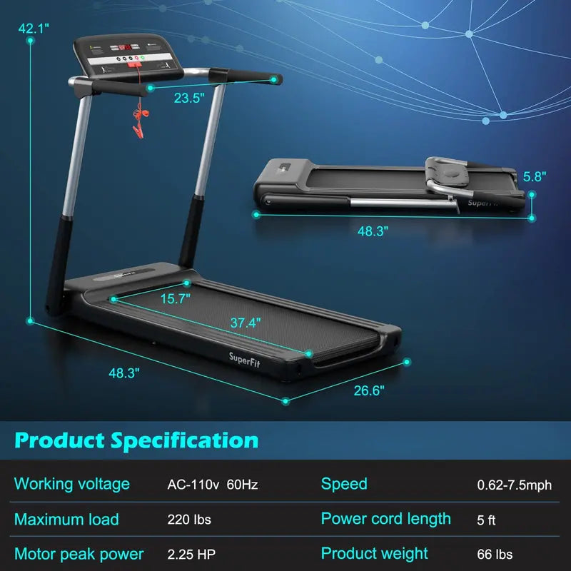 2.25 HP Compact Folding Treadmill Superfit Model with LED Display & Smart App Control