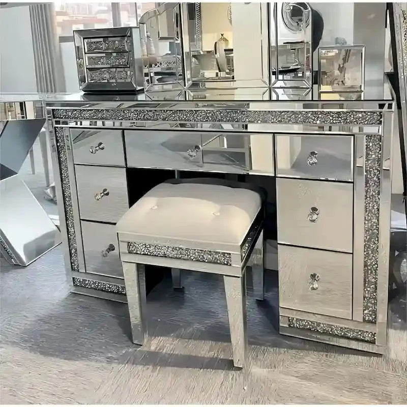 7-Drawer Mirrored Vanity Table with Diamond-Accent Trim Makeup & Dressing Station