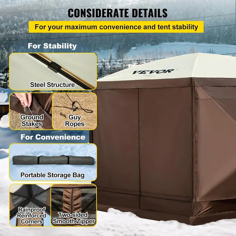 12′ x 12′ Hexagonal Camping Awning Tent — IPX3 Waterproof, Mesh Ventilation, Portable Storage Bag