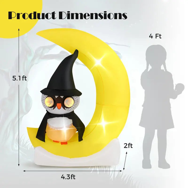 5.1 ft Pre-Lit Halloween Inflatable Owl on the Moon Decor with Witch Hat & Integrated LED Lights