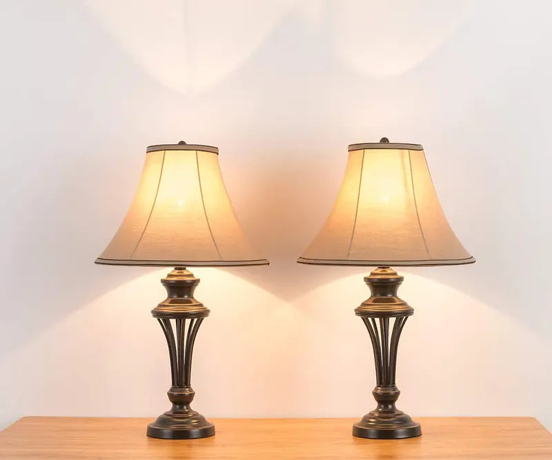 Smeike 3 Pack Vintage Style Table and Floor Lamp Set in Bronze Finish with Brown Fabric Lamp Shades