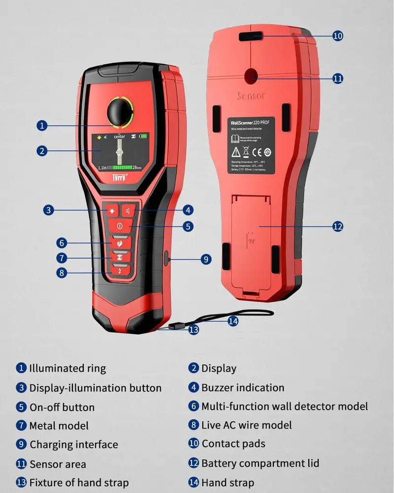 5-in-1 Rechargeable Stud Finder 9-Sensor Wall Scanner with HD Display, Depth Readings & Audio Alerts
