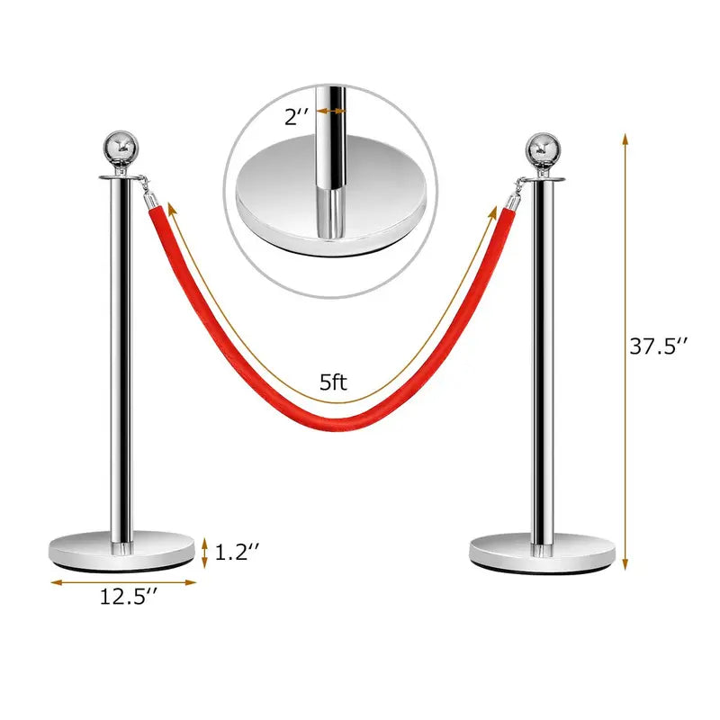 6-Piece Stainless Steel Queue Management Set Polished Round-Top Stanchions with Retractable Belts