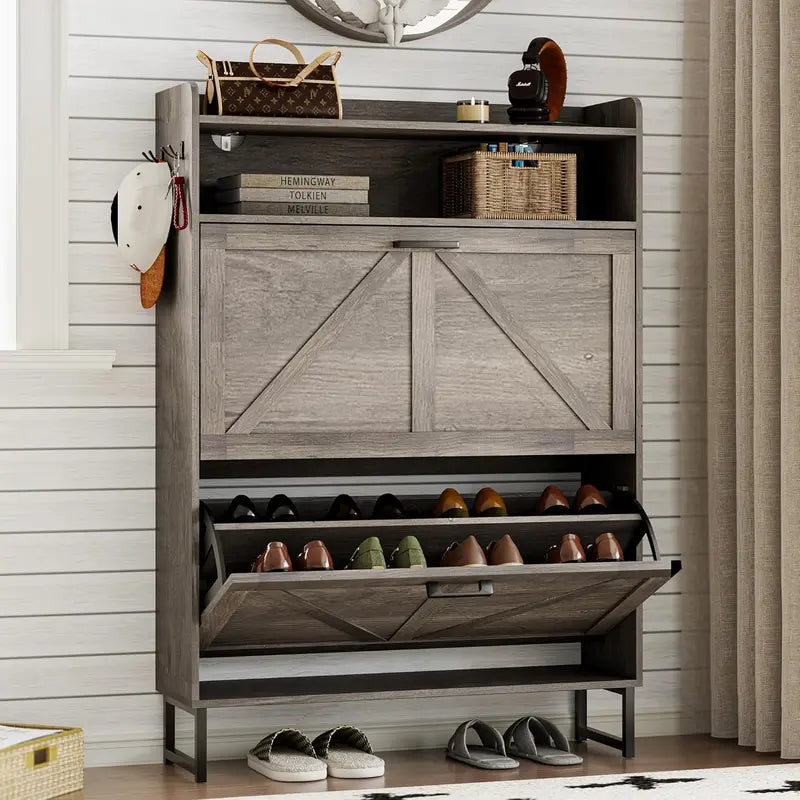 Minimalist Wooden Shoe Storage Cabinet with 2 Flip Drawers and Slim Profile
