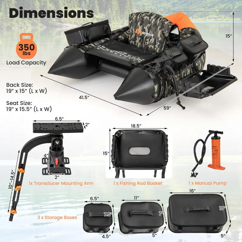 Compact Fishing Float Tube Inflatable Belly Boat with Integrated Fish Ruler, Pump & Travel Bag