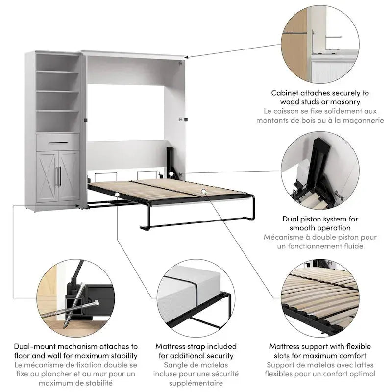Key West Full Murphy Bed with Built-In Wardrobe  Bestar Space-Saving Wall Bed Unit (88″ Wide) with Closet Integration