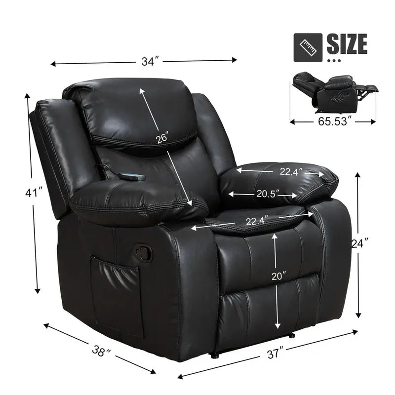 Wide-Seat Leather Recliner with Heating and Massage Functions  Durable Upholstered Lounge Chair