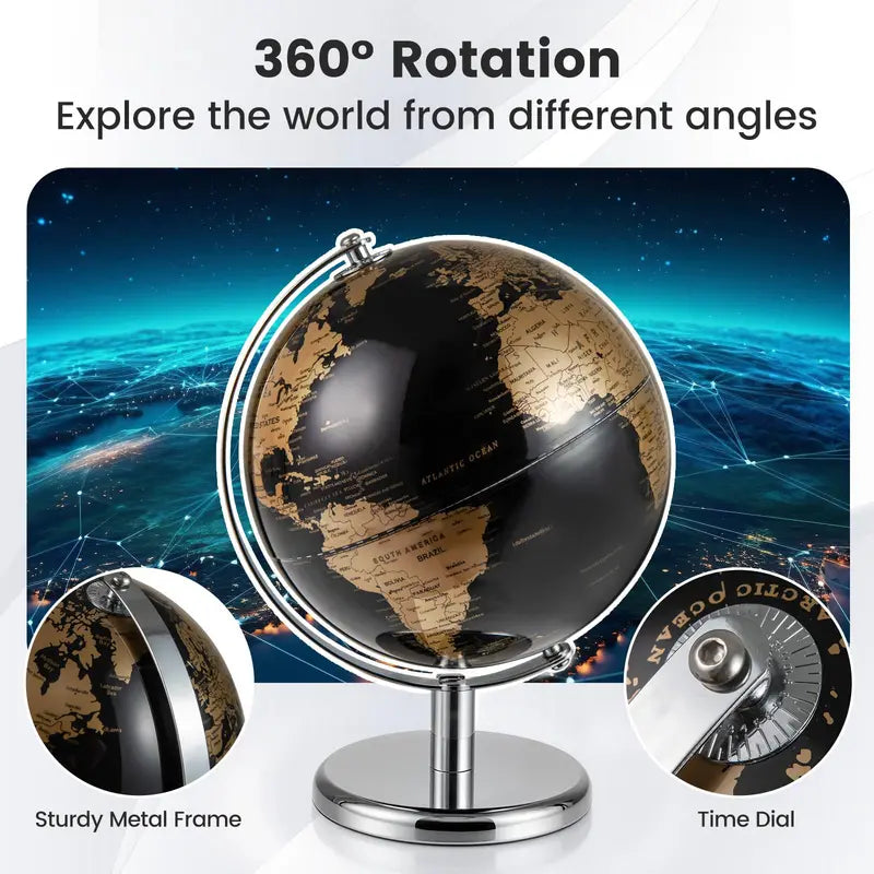 8-Inch Black Metallic World Globe  Interactive Learning Tool for Students
