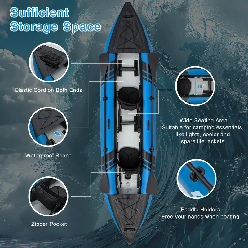 12.5-Foot Inflatable Tandem Kayak for One or Two Riders  507-Pound Weight Capacity with Full Accessory Kit & Portable Carry Bag