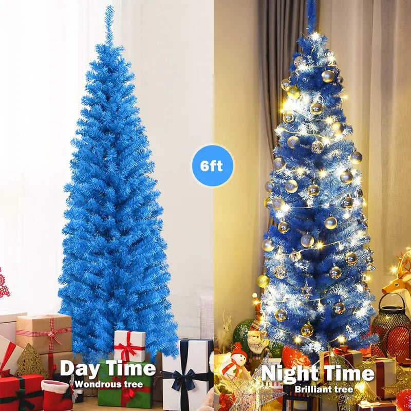 6-Foot Blue Slim Pencil Christmas Tree  Space-Saving Artificial Design