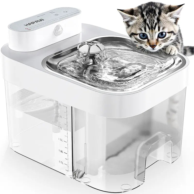 Cat Water Fountain  3L Battery-Powered Dual-Tank Design with Stainless Steel Tray, No Filter Required