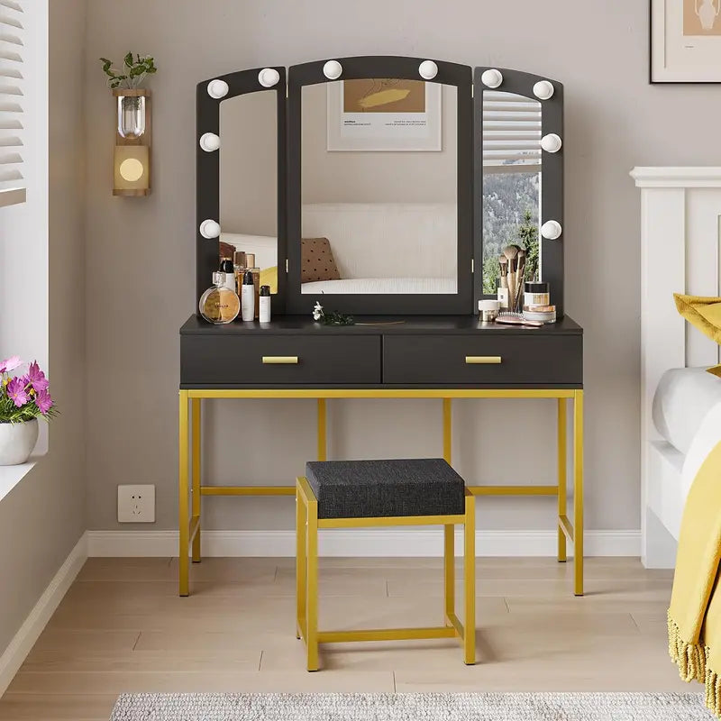 White LED Vanity Desk  39.4-Inch Makeup Table with Mirror, 10 Lights, Power Strip & Stool Included