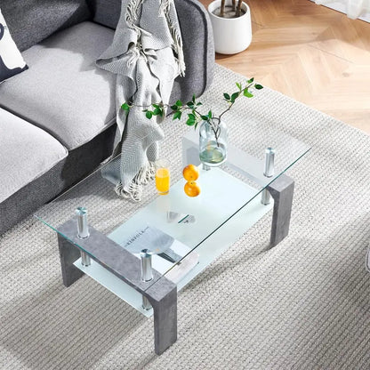 Contemporary Rectangle Coffee Table  Glass-Topped Living Room Side Table with Wooden Legs, Ideal for Waiting Areas