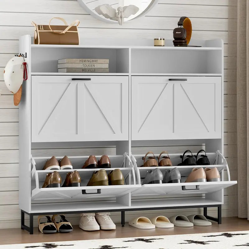 Minimalist Wooden Shoe Storage Cabinet with 2 Flip Drawers and Slim Profile