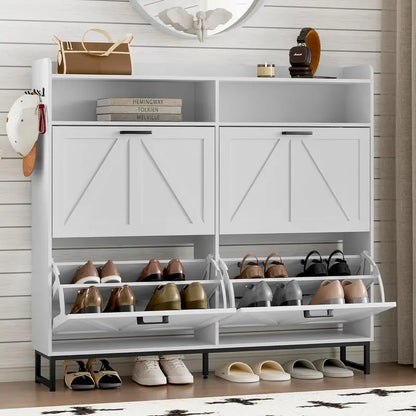 Minimalist Wooden Shoe Storage Cabinet with 2 Flip Drawers and Slim Profile