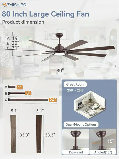 Zmishibo 72-Inch Ceiling Fan with Integrated Light & Remote Control  Indoor/Outdoor Rated