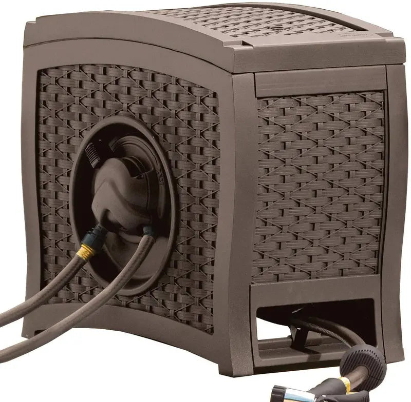 Suncast Aquawinder Hose Reel  Hands-Free, Water-Powered Retractable Reel in Wicker-Style Java Finish