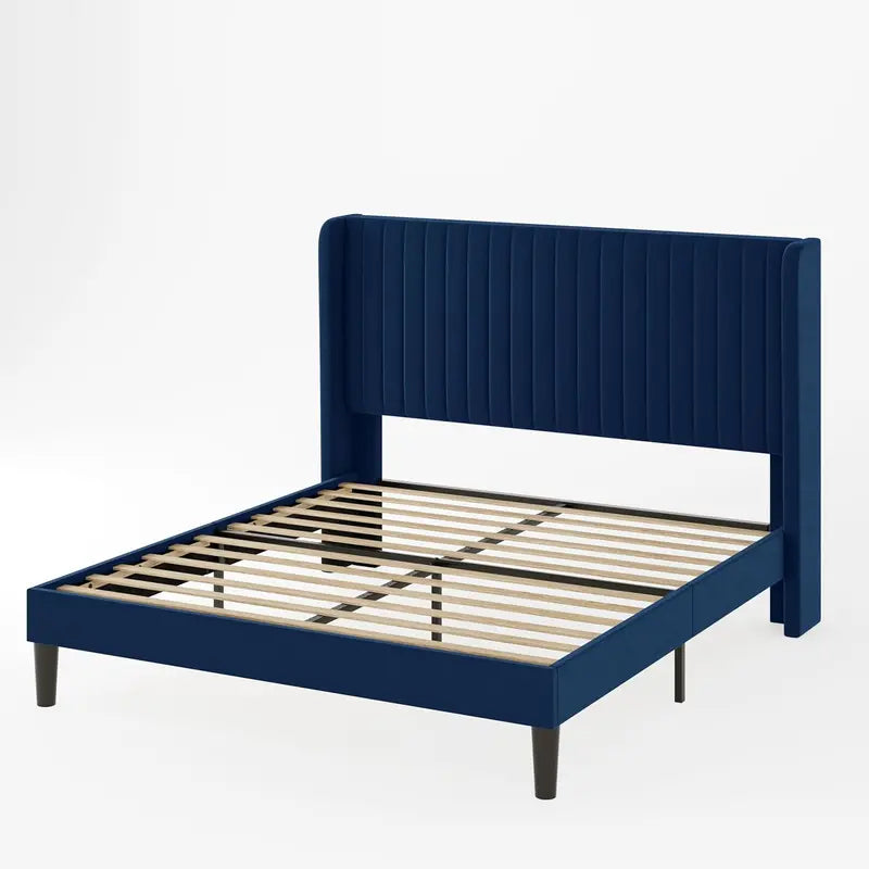 Allewie Full Size Velvet Wingback Bed  Channel-Tufted Upholstered Frame with Vertical Headboard