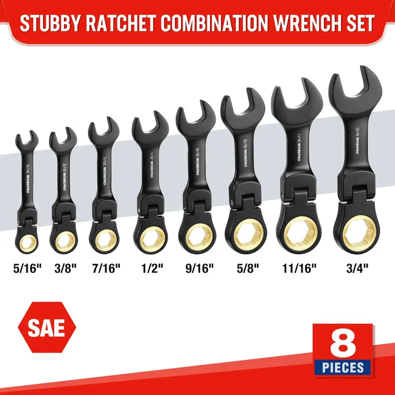 WORKPRO 8-Piece Flex-Head Stubby Wrench Set — Anti-Slip Design with Compact Rolling Pouch