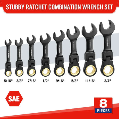 WORKPRO 8-Piece Flex-Head Stubby Wrench Set — Anti-Slip Design with Compact Rolling Pouch