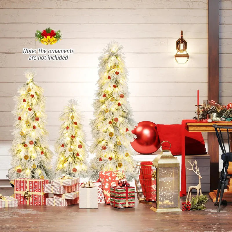 Holiday Tree Trio  Assorted 3’, 4’, and 5’ Snow-Flocked Pre-Lit Christmas Trees
