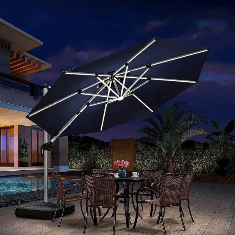 12-Foot Solar-Powered LED Cantilever Patio Umbrella  Wind-Resistant Round Outdoor Parasol with Built-in Lights