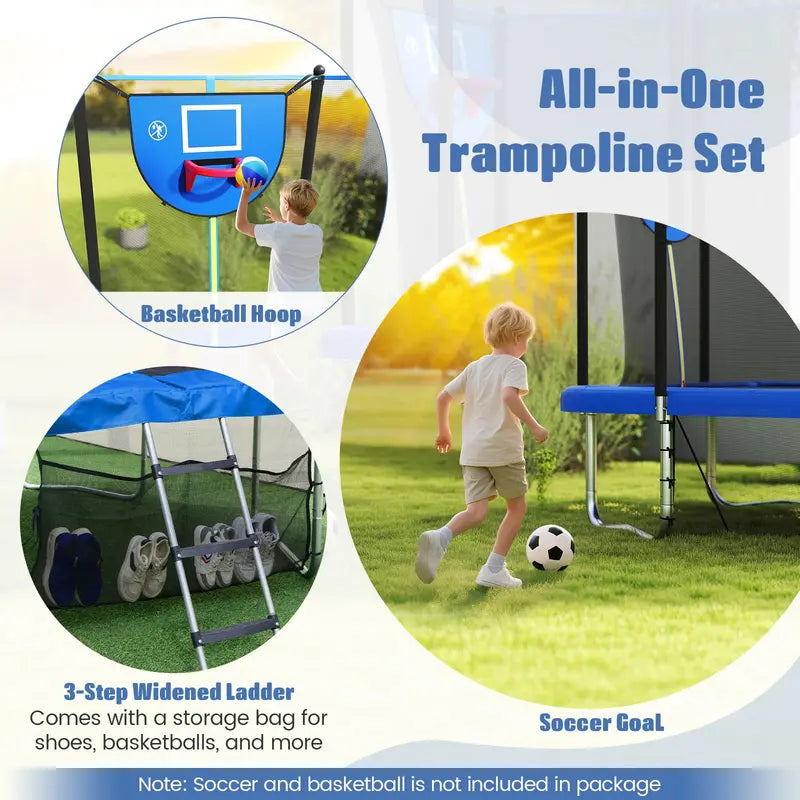 10 x 8 Foot Heavy-Duty Toddler Trampoline with Integrated Basketball Hoop, Soccer Goal, and Non-Slip Ladder