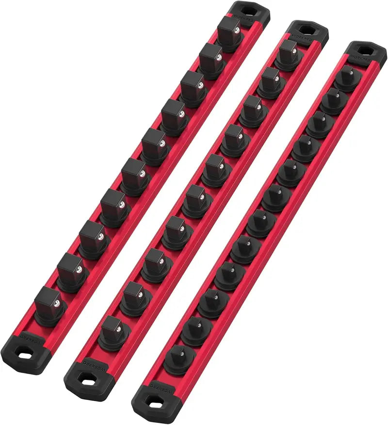 WORKPRO Aluminum Magnetic Socket Organizer  3-Piece Set for 1/4″, 3/8″, and 1/2″ Sockets
