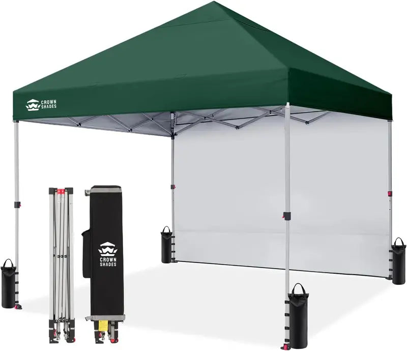 CROWN SHADES 10′ x 10′ Pop-Up Canopy with Single Sidewall: Portable Event Shelter for Parties, Campgrounds, and Outdoor Markets — Includes STO-N-Go Carry Bag
