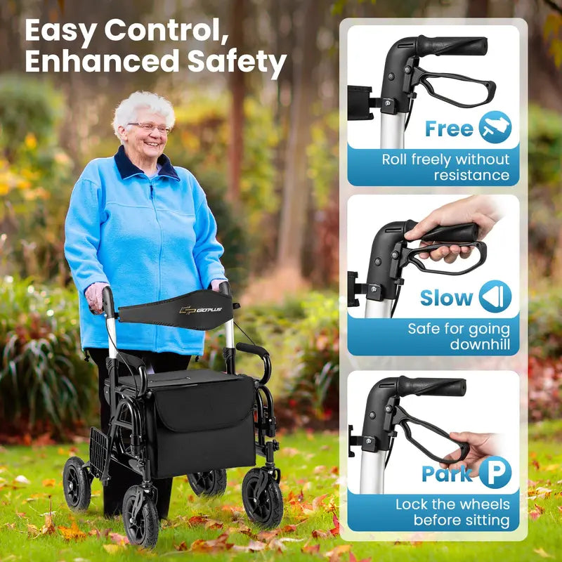 Convertible Rollator Walker and Transport Wheelchair  Foldable Dual-Function Mobility Aid with Locking Brakes