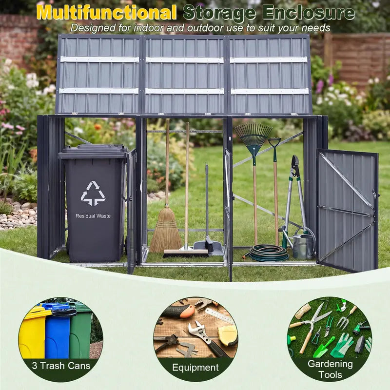 7.8 ft x 2.6 ft Triple-Bin Outdoor Trash Enclosure  Flip-Lid Metal Garbage Shed