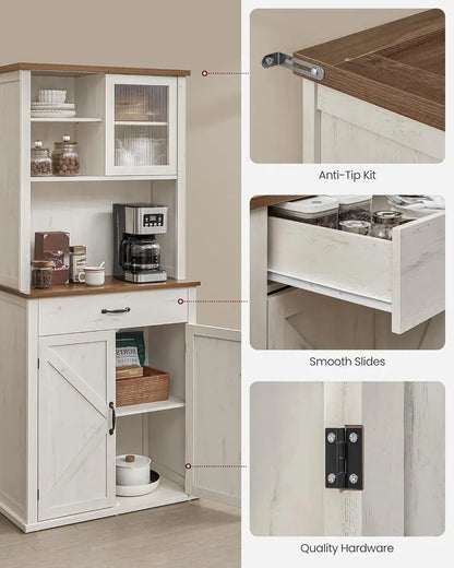 Rustic White Farmhouse Pantry Cabinet  LED-Lit Storage with Charging Port, Drawer & Adjustable Shelves