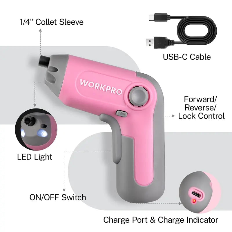 WORKPRO 3.6V Offset-Shaft Cordless Screwdriver  22-Piece Bit Set in Pink Ribbon Packaging