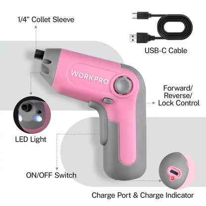 WORKPRO 3.6V Offset-Shaft Cordless Screwdriver  22-Piece Bit Set in Pink Ribbon Packaging
