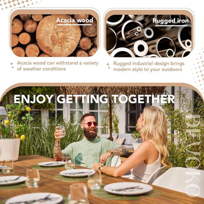 Devoko Acacia Wood Dining Table  Rustic 6-Person Indoor/Outdoor Table with Iron Legs & Sandblasted Natural Finish (69″ x 33″ x 30″)