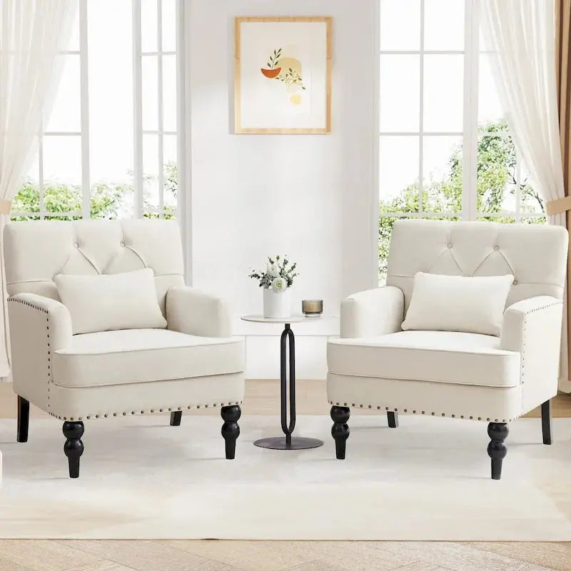 Set of 2 Button-Tufted Accent Chairs  Upholstered Armchairs with Lumbar Support Pillows in Beige, Grey, or Light Blue