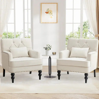 Set of 2 Button-Tufted Accent Chairs  Upholstered Armchairs with Lumbar Support Pillows in Beige, Grey, or Light Blue