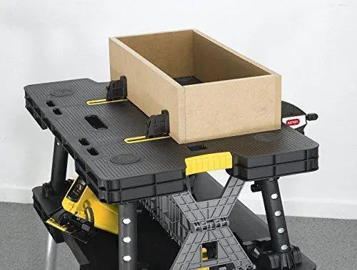 Keter Folding Miter Saw Stand  12-Inch Woodworking Workbench with Clamps, Black/Yellow