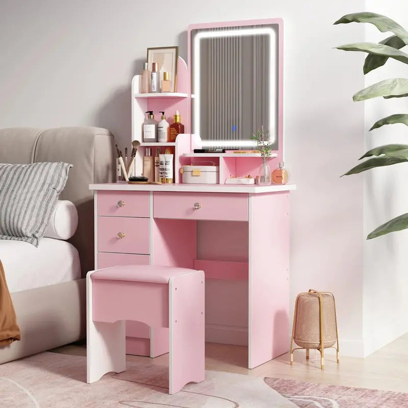 LED-Lit Makeup Vanity Desk Set  Includes Mirror, Adjustable Lighting, and Matching Stool