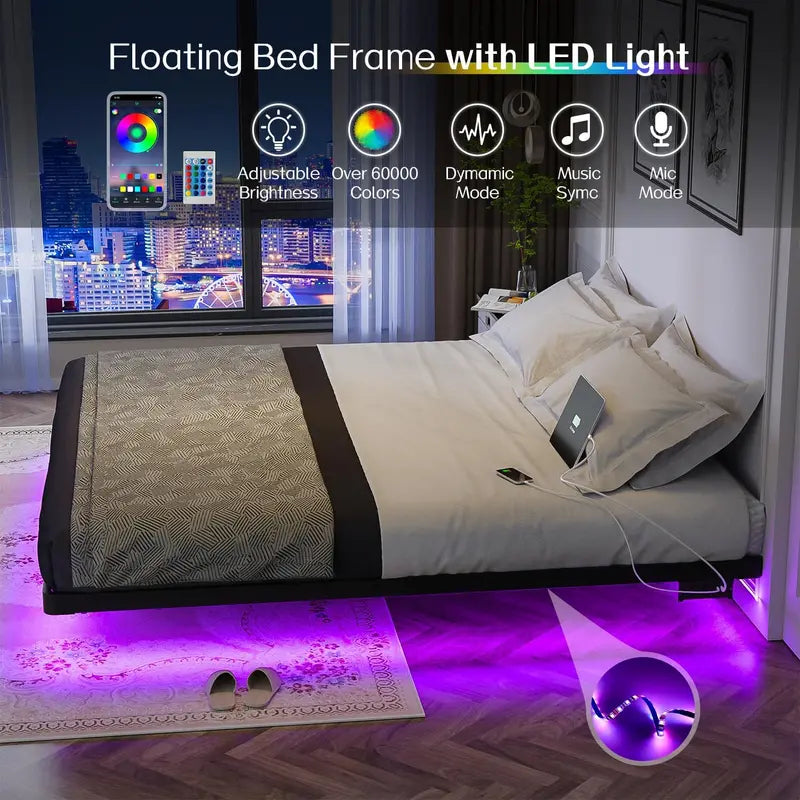OLEVS Queen Floating Bed Frame  Modern Metal Platform with Integrated Smart LED Lighting