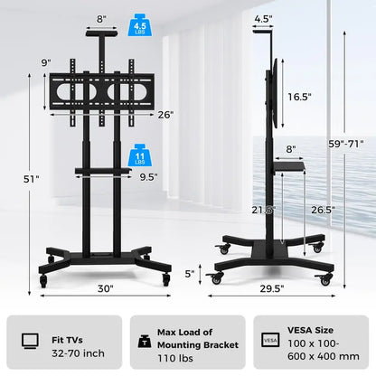 Rolling TV Cart  Lightweight Mobile Stand for 32″70″ Flat or Curved Screens (Up to 110 lbs), VESA 600×400 mm Support